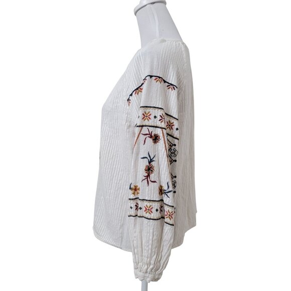 Zara Size M Off White with Boho Embroidery Keyhole-Tie Front Peasant Top, Blouse - Picture 5 of 15